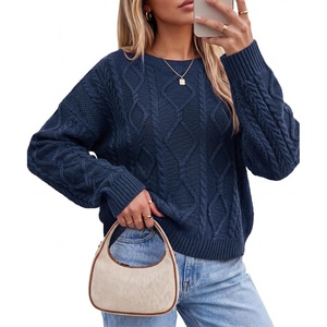 Arach&Cloz Women’s Oversized Cropped Cable Knit Casual Sweater Tops(Navy)