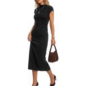 Arach&Cloz Women’s Wool Blend Slim Fit Mock Neck Business Casual Midi Sweater Dressy Dress Summer(Black)