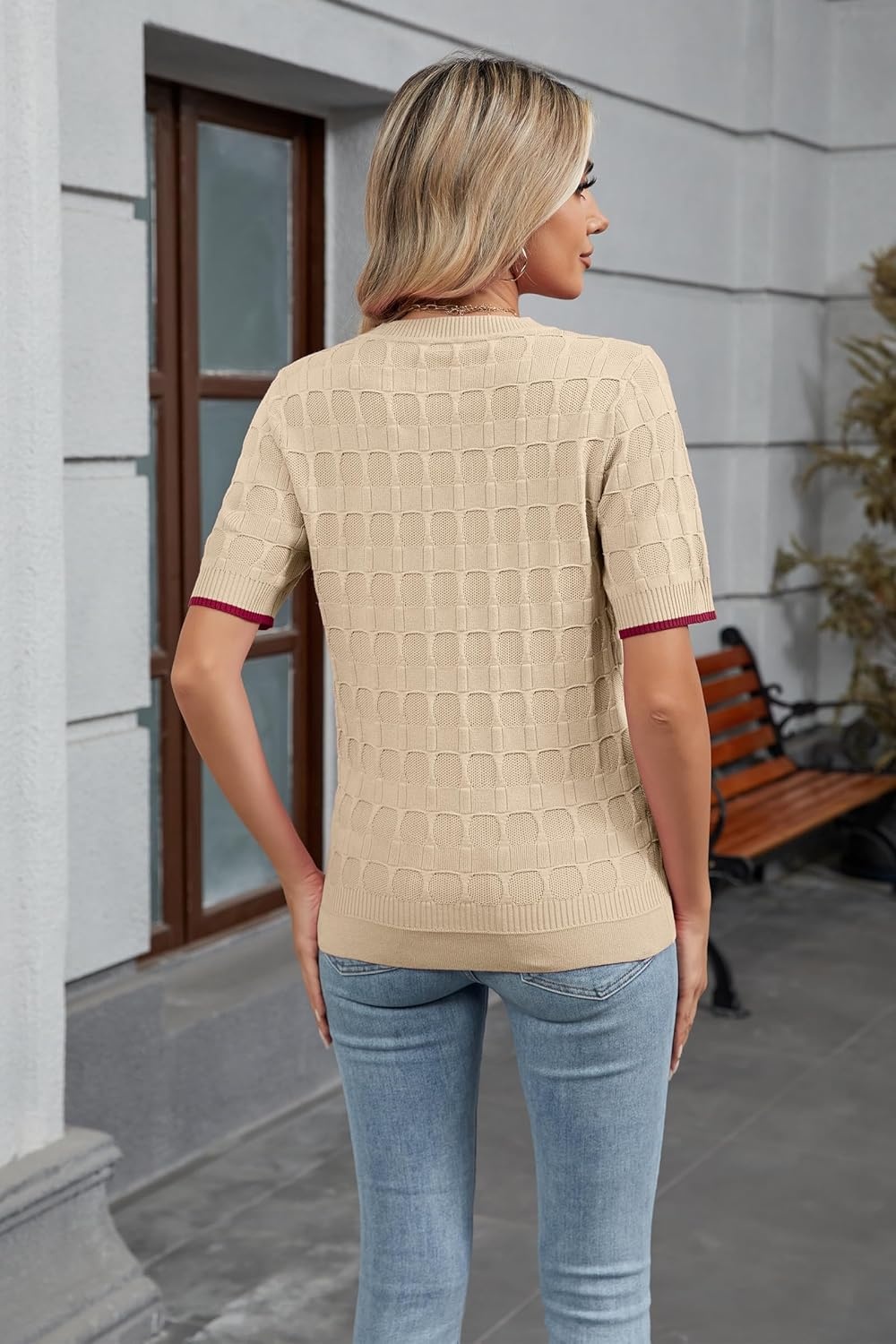 image:imageArachampCloz Womens Lightweight Blouse Short Sleeve Crew Neck Sweaters Business Casual Tops Spring Summer Outfits 2026Apricot and Dark Red