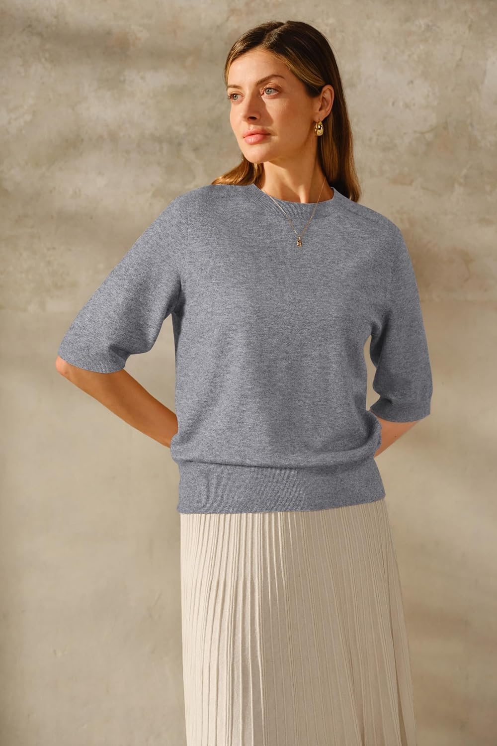 image:imageArachampCloz Womens Lightweight Blouse Short Sleeve Crew Neck Sweaters Business Casual Tops Spring Summer Outfits 2026Zgray