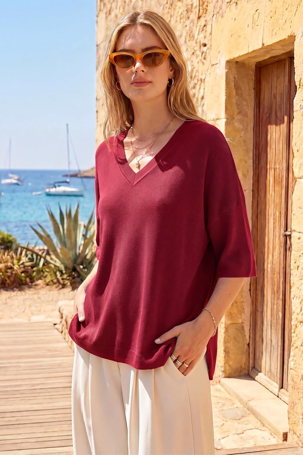 image:imageArachampCloz Womens Wool Blend Elbow Sleeve Summer Oversized Casual SweaterBurgundy