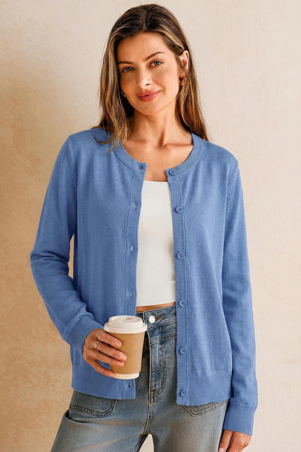 image:imageArachampCloz Womens Wool Blend Lightweight Business Casual Cardigan Sweaters TopsLake Blue