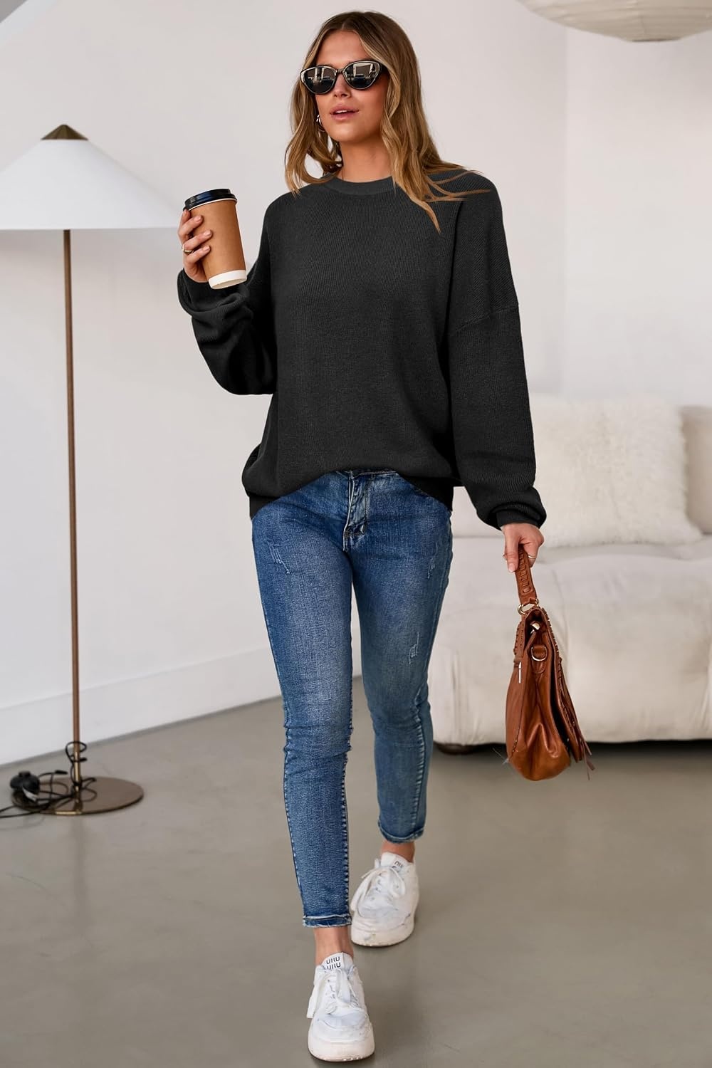 image:imageArachampCloz Womens Wool Blend Oversized Sweaters Crewneck Casual Outfits Fashion Fall Pullover Tops 2026Black