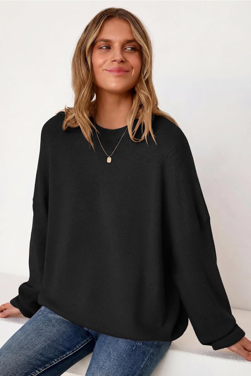 image:imageArachampCloz Womens Wool Blend Oversized Sweaters Crewneck Casual Outfits Fashion Fall Pullover Tops 2026Black
