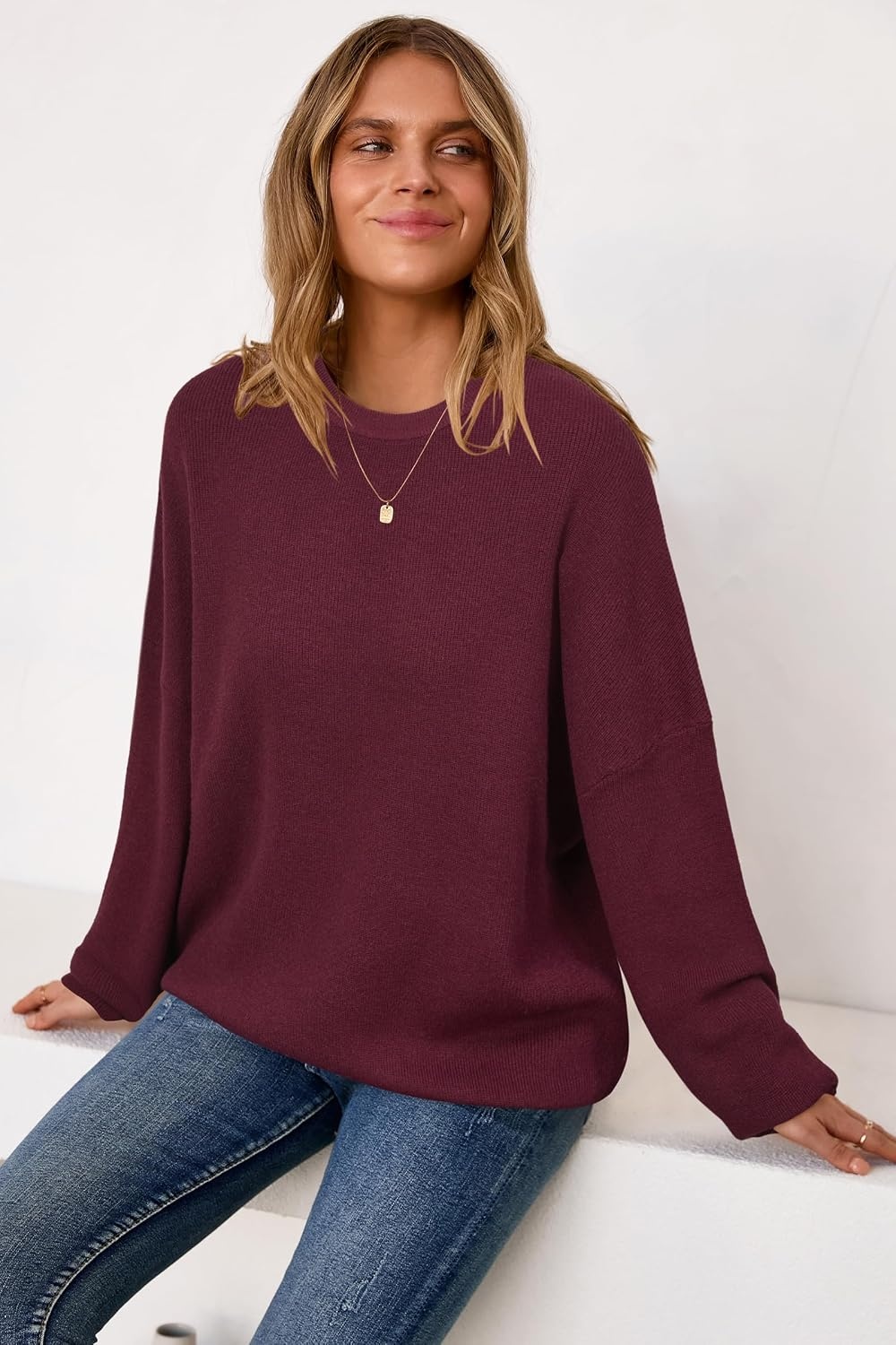 image:imageArachampCloz Womens Wool Blend Oversized Sweaters Crewneck Casual Outfits Fashion Fall Pullover Tops 2026Burgundy