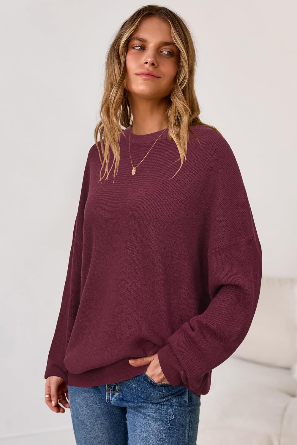 image:imageArachampCloz Womens Wool Blend Oversized Sweaters Crewneck Casual Outfits Fashion Fall Pullover Tops 2026Burgundy