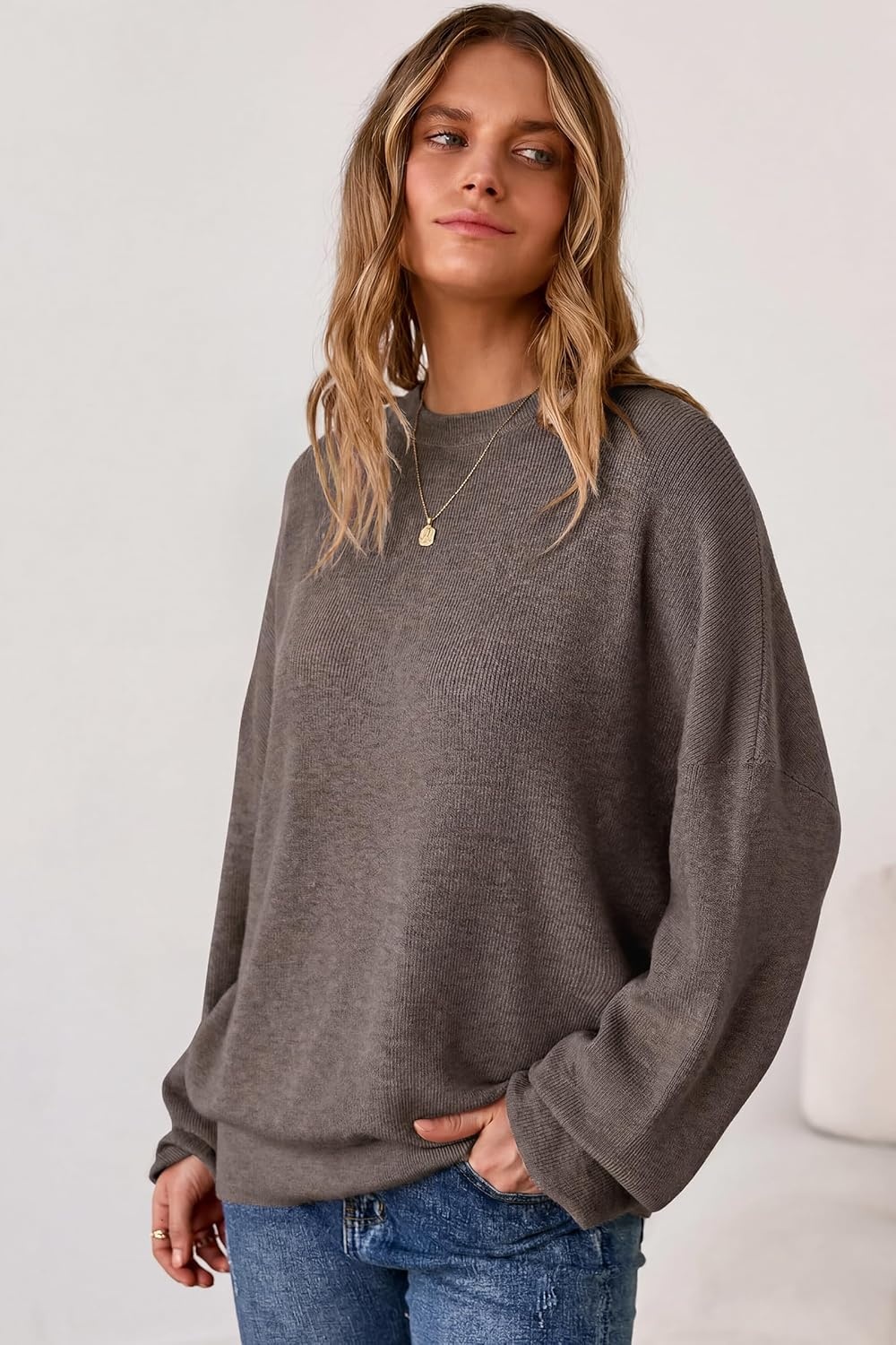 image:imageArachampCloz Womens Wool Blend Oversized Sweaters Crewneck Casual Outfits Fashion Fall Pullover Tops 2026Coffee