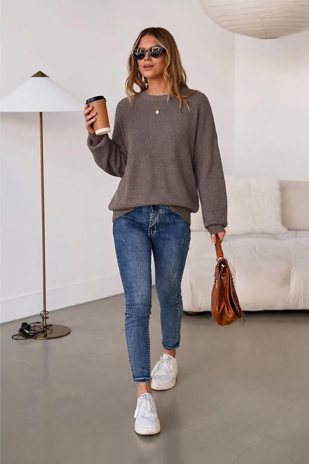 image:imageArachampCloz Womens Wool Blend Oversized Sweaters Crewneck Casual Outfits Fashion Fall Pullover Tops 2026Coffee