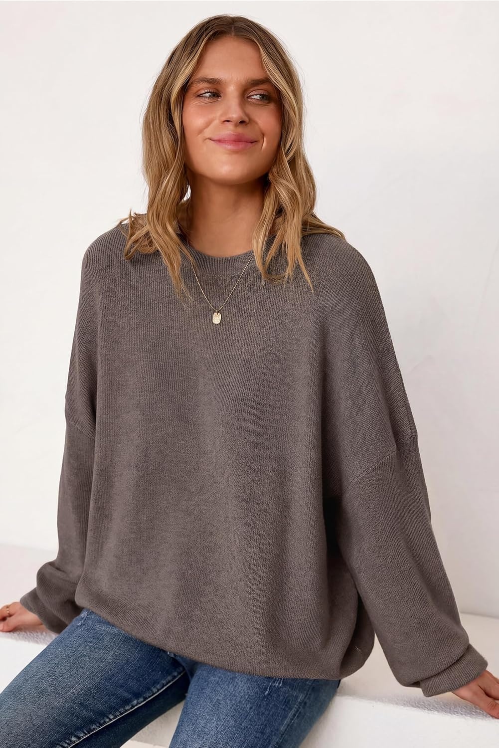 image:imageArachampCloz Womens Wool Blend Oversized Sweaters Crewneck Casual Outfits Fashion Fall Pullover Tops 2026Coffee