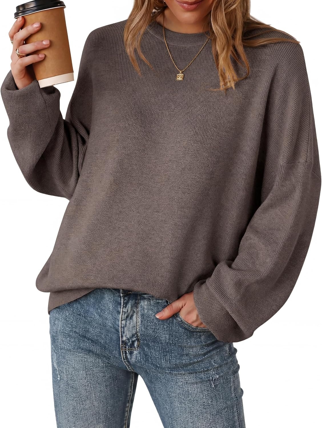 image:imageArachampCloz Womens Wool Blend Oversized Sweaters Crewneck Casual Outfits Fashion Fall Pullover Tops 2026Coffee