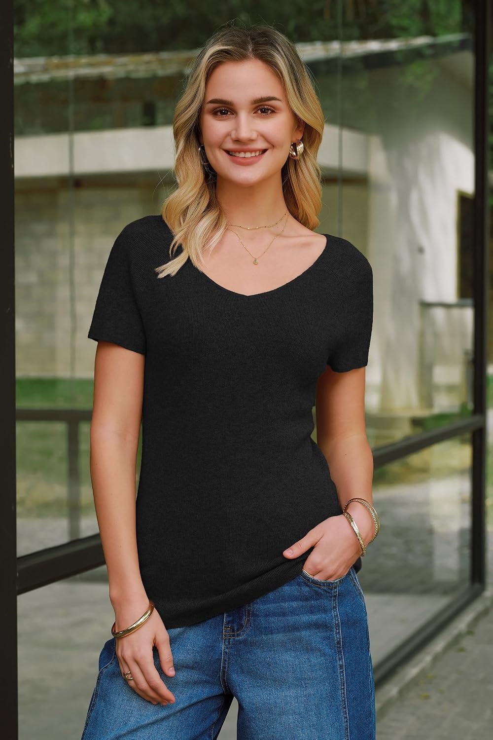 image:imageArachampCloz Womens Wool Blend Short Sleeve Sweater V Neck Lightweight Business Casual Outfits Spring Tops 2026Black