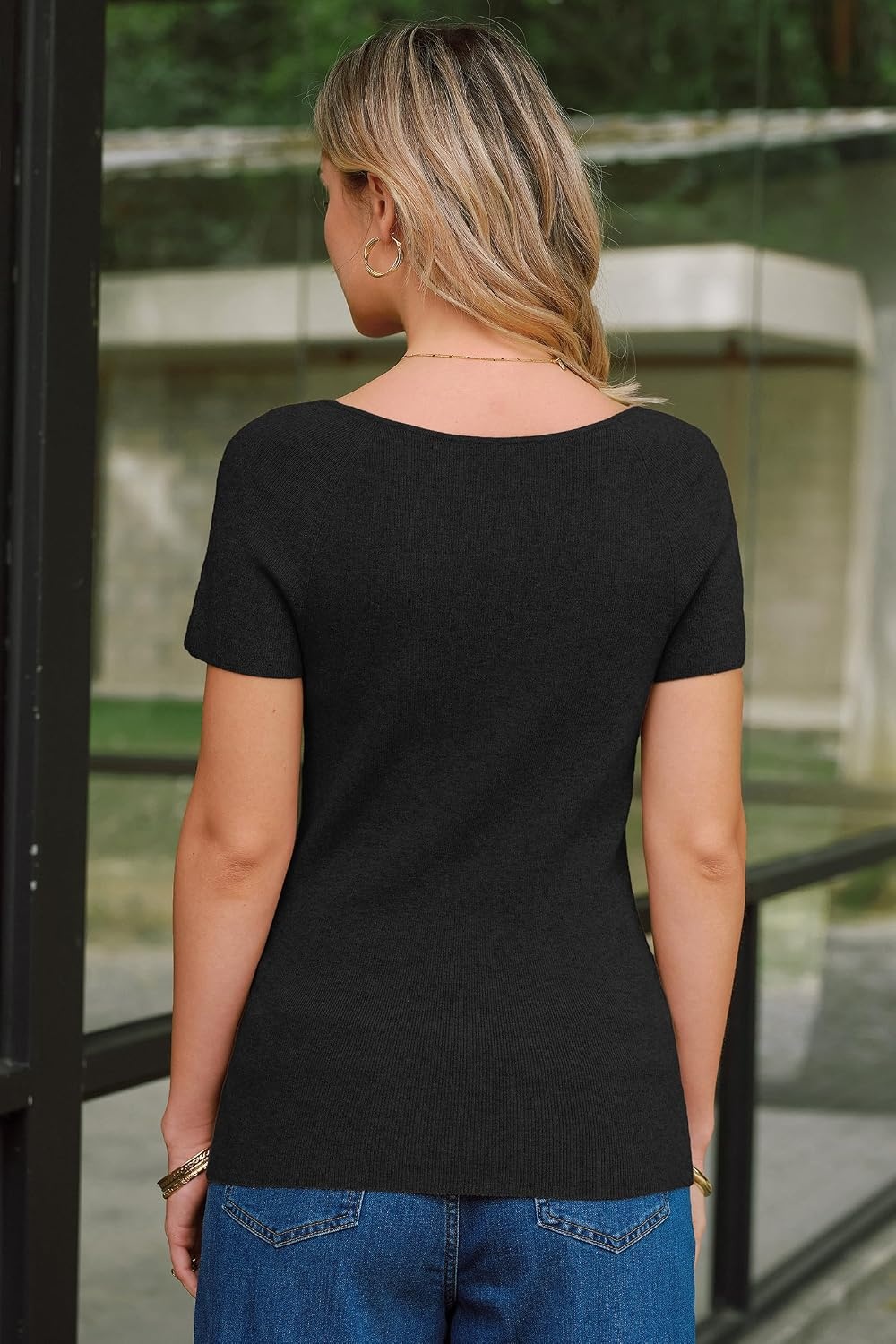 image:imageArachampCloz Womens Wool Blend Short Sleeve Sweater V Neck Lightweight Business Casual Outfits Spring Tops 2026Black