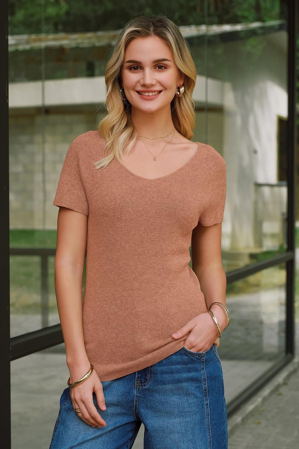 image:imageArachampCloz Womens Wool Blend Short Sleeve Sweater V Neck Lightweight Business Casual Outfits Spring Tops 2026Camel