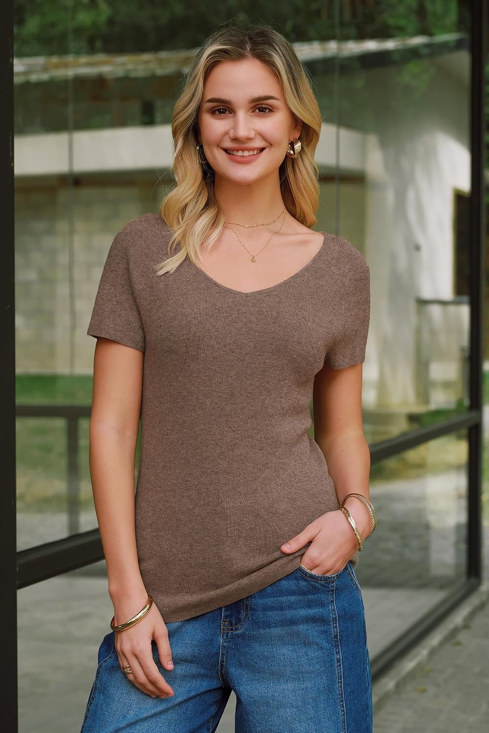 image:imageArachampCloz Womens Wool Blend Short Sleeve Sweater V Neck Lightweight Business Casual Outfits Spring Tops 2026Coffee