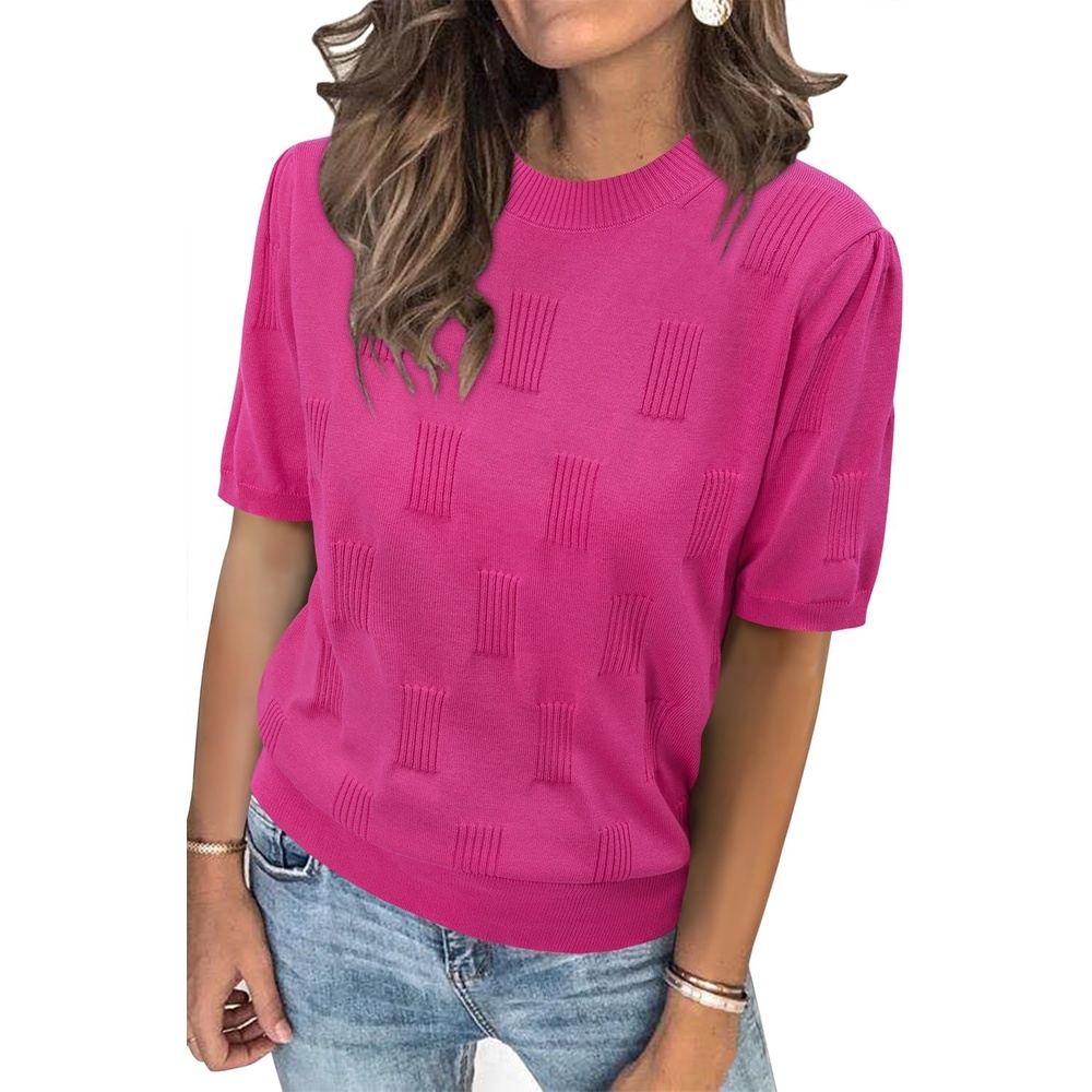 image:imageArachampCloz Womens Lightweight Blouse Short Sleeve Crew Neck Sweaters Business Casual Tops Spring Summer Outfits 2026Hot Pink