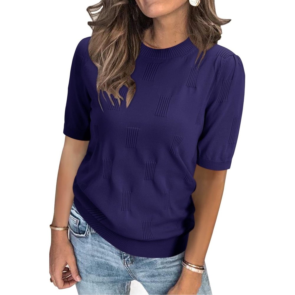 image:imageArachampCloz Womens Lightweight Blouse Short Sleeve Crew Neck Sweaters Business Casual Tops Spring Summer Outfits 2026Navy