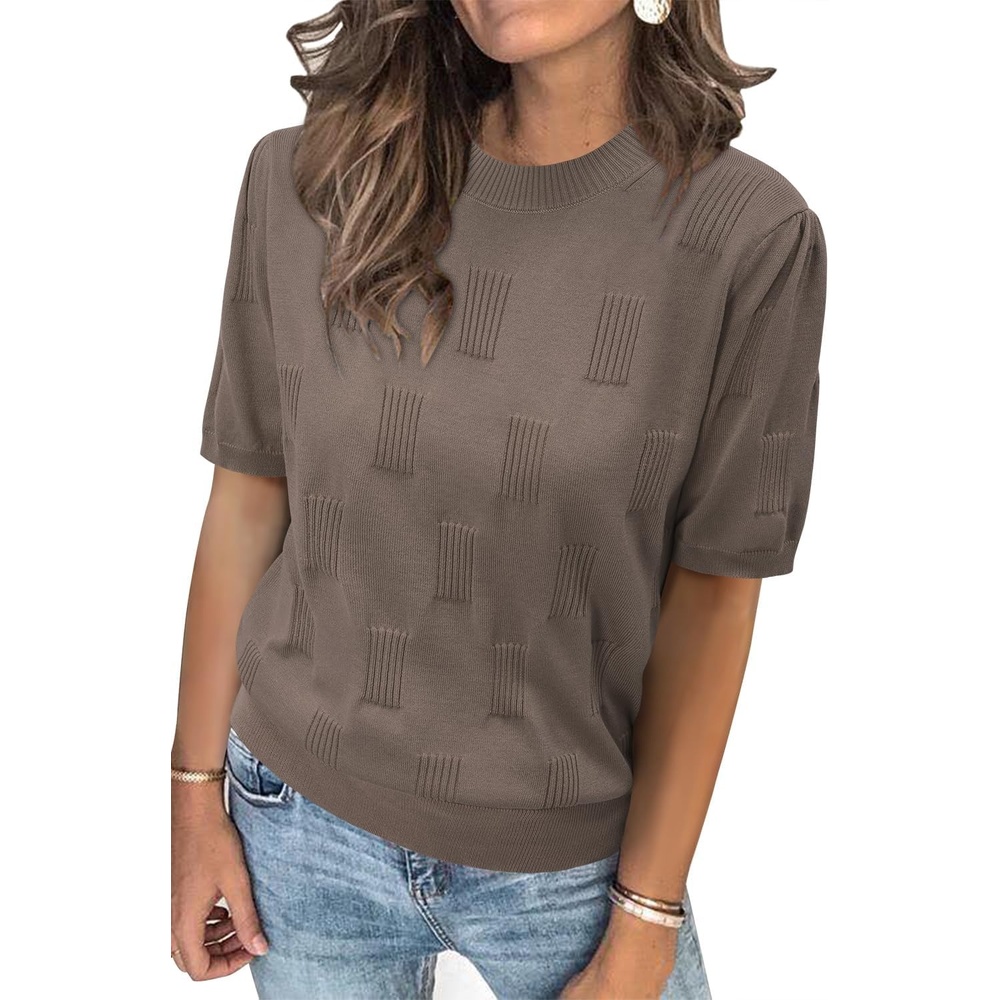 image:imageArachampCloz Womens Lightweight Blouse Short Sleeve Crew Neck Sweaters Business Casual Tops Spring Summer Outfits 2026Nutmeg