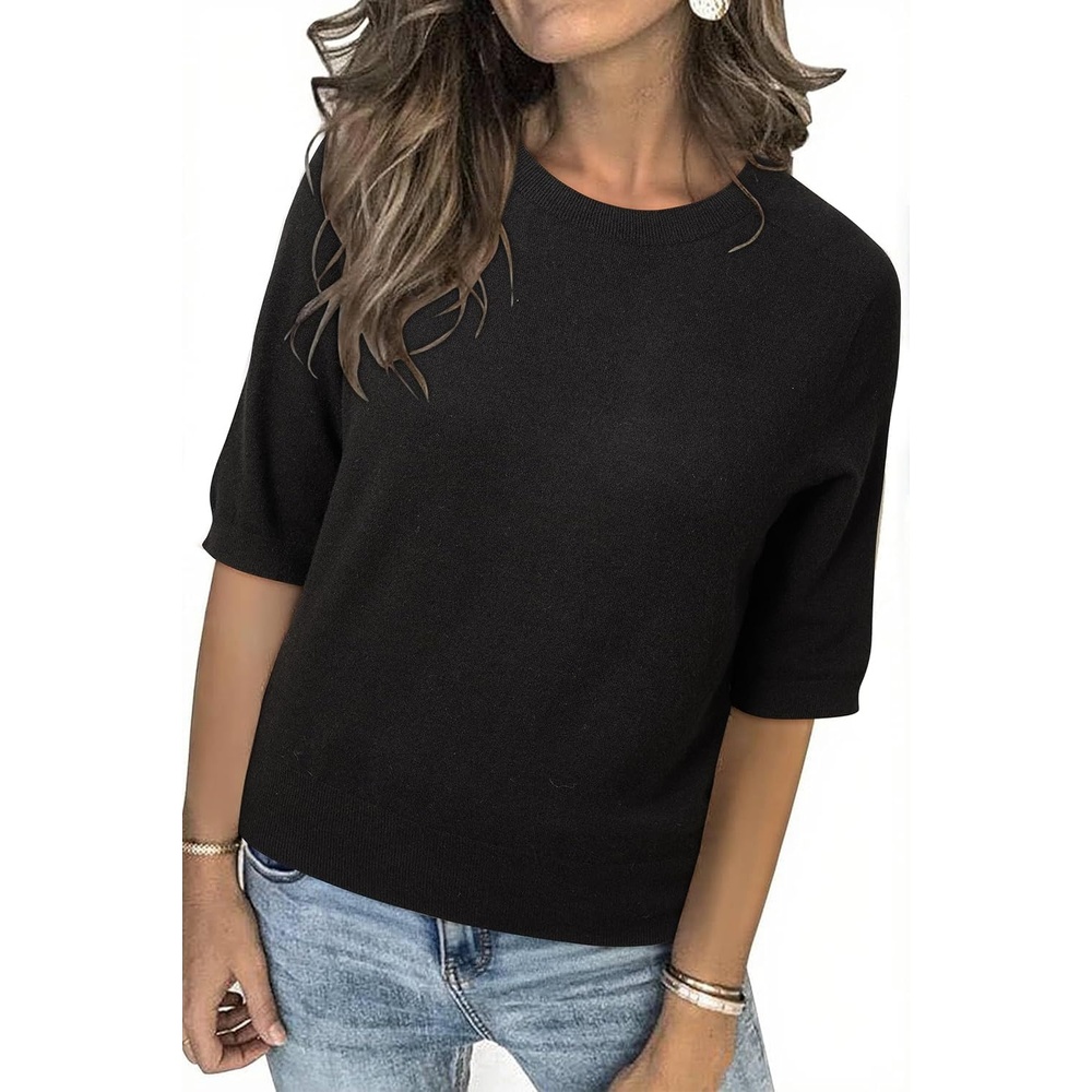 image:imageArachampCloz Womens Lightweight Blouse Short Sleeve Crew Neck Sweaters Business Casual Tops Spring Summer Outfits 2026Zblack