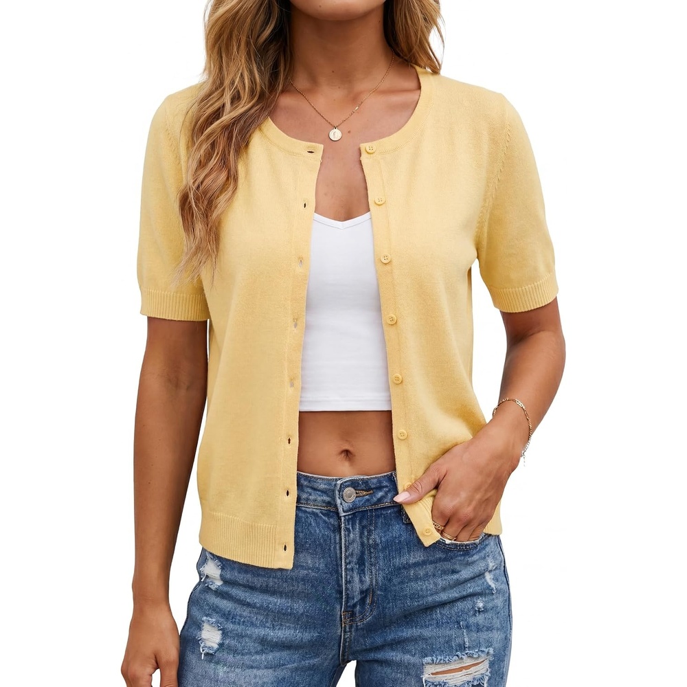 image:imageArachampCloz Womens Wool Blend Cropped Lightweight Short Sleeve Summer Business Casual Cardigan TopsCream Yellow