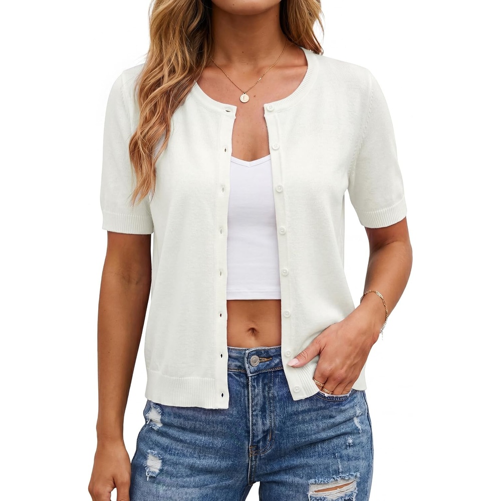 image:imageArachampCloz Womens Wool Blend Cropped Lightweight Short Sleeve Summer Business Casual Cardigan TopsOffwhite