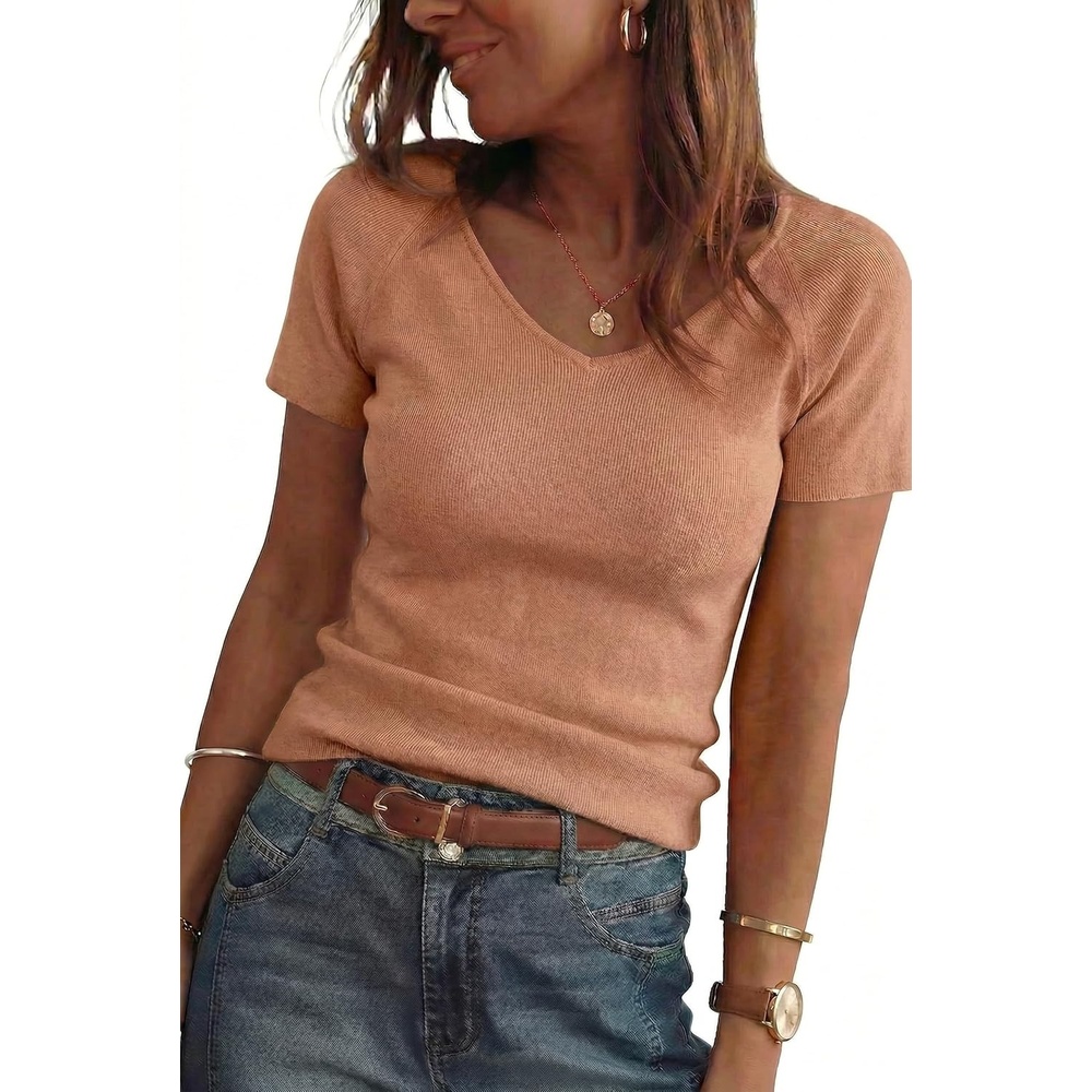 image:imageArachampCloz Womens Wool Blend Short Sleeve Sweater V Neck Lightweight Business Casual Outfits Spring Tops 2026Camel