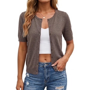Arach&Cloz Women’s Wool Blend Cropped Lightweight Short Sleeve Summer Business Casual Cardigan Tops(A-coffee)