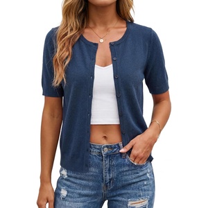 Arach&Cloz Women’s Wool Blend Cropped Lightweight Short Sleeve Summer Business Casual Cardigan Tops(A-dark Blue)