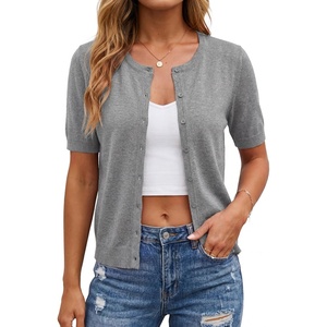 Arach&Cloz Women’s Wool Blend Cropped Lightweight Short Sleeve Summer Business Casual Cardigan Tops(A-grey)