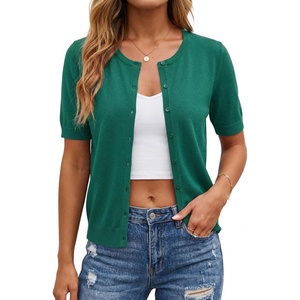 Arach&Cloz Women’s Wool Blend Cropped Lightweight Short Sleeve Summer Business Casual Cardigan Tops(A-teal)