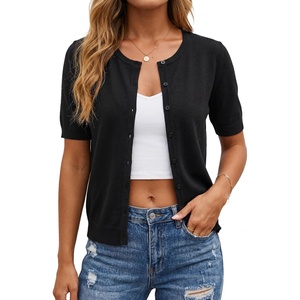 Arach&Cloz Women’s Wool Blend Cropped Lightweight Short Sleeve Summer Business Casual Cardigan Tops(Black)