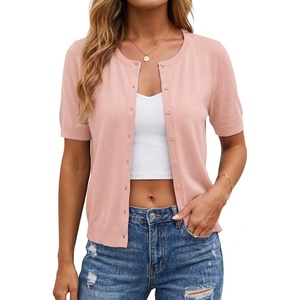 Arach&Cloz Women’s Wool Blend Cropped Lightweight Short Sleeve Summer Business Casual Cardigan Tops(Blush Pink)