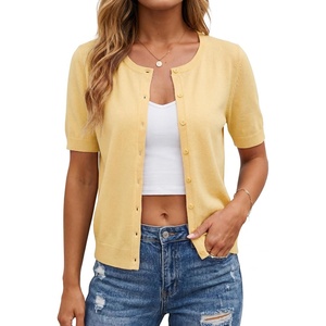 Arach&Cloz Women’s Wool Blend Cropped Lightweight Short Sleeve Summer Business Casual Cardigan Tops(Cream Yellow)