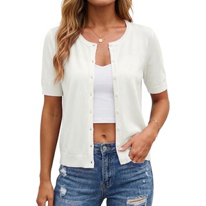 Arach&Cloz Women’s Wool Blend Cropped Lightweight Short Sleeve Summer Business Casual Cardigan Tops(Off-white)