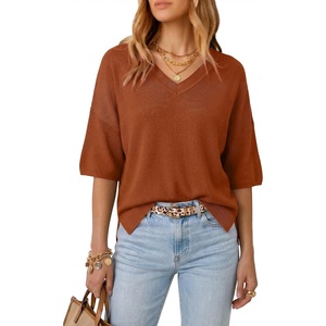 Arach&Cloz Women’s Wool Blend Elbow Sleeve Summer Oversized Casual Sweater(Terracotta)