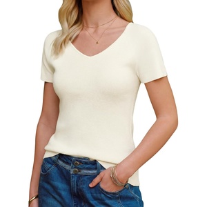 Arach&Cloz Women’s Wool Blend Short Sleeve Sweater V Neck Lightweight Business Casual Outfits Spring Tops 2026(Beige)