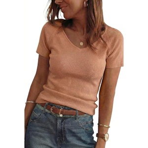 Arach&Cloz Women’s Wool Blend Short Sleeve Sweater V Neck Lightweight Business Casual Outfits Spring Tops 2026(Camel)