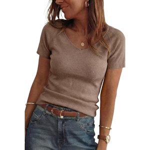 Arach&Cloz Women’s Wool Blend Short Sleeve Sweater V Neck Lightweight Business Casual Outfits Spring Tops 2026(Coffee)