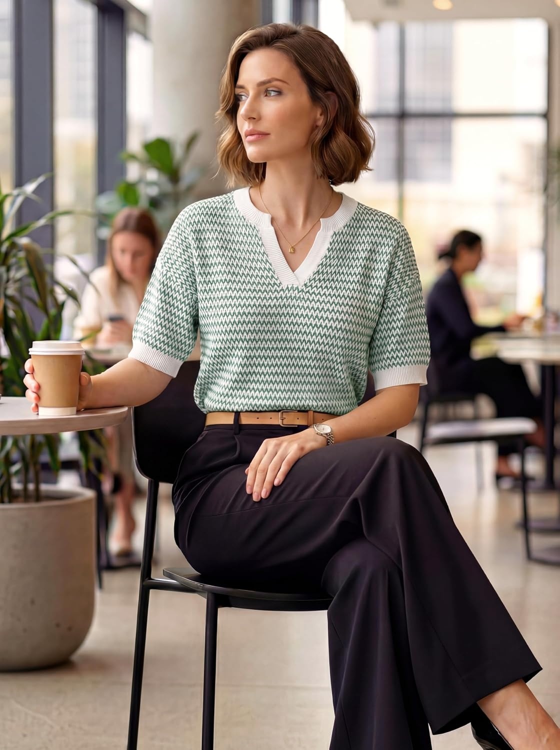 image:imageArachampCloz Womens Polo Striped Long Sleeve Casual Sweaters Breathable Tops 100 Cotton Lightweight Knit V Neck Pullover Relaxed Fit WorkampBusiness Casual Outfits Fashion Clothing Summer Fall 2026Green