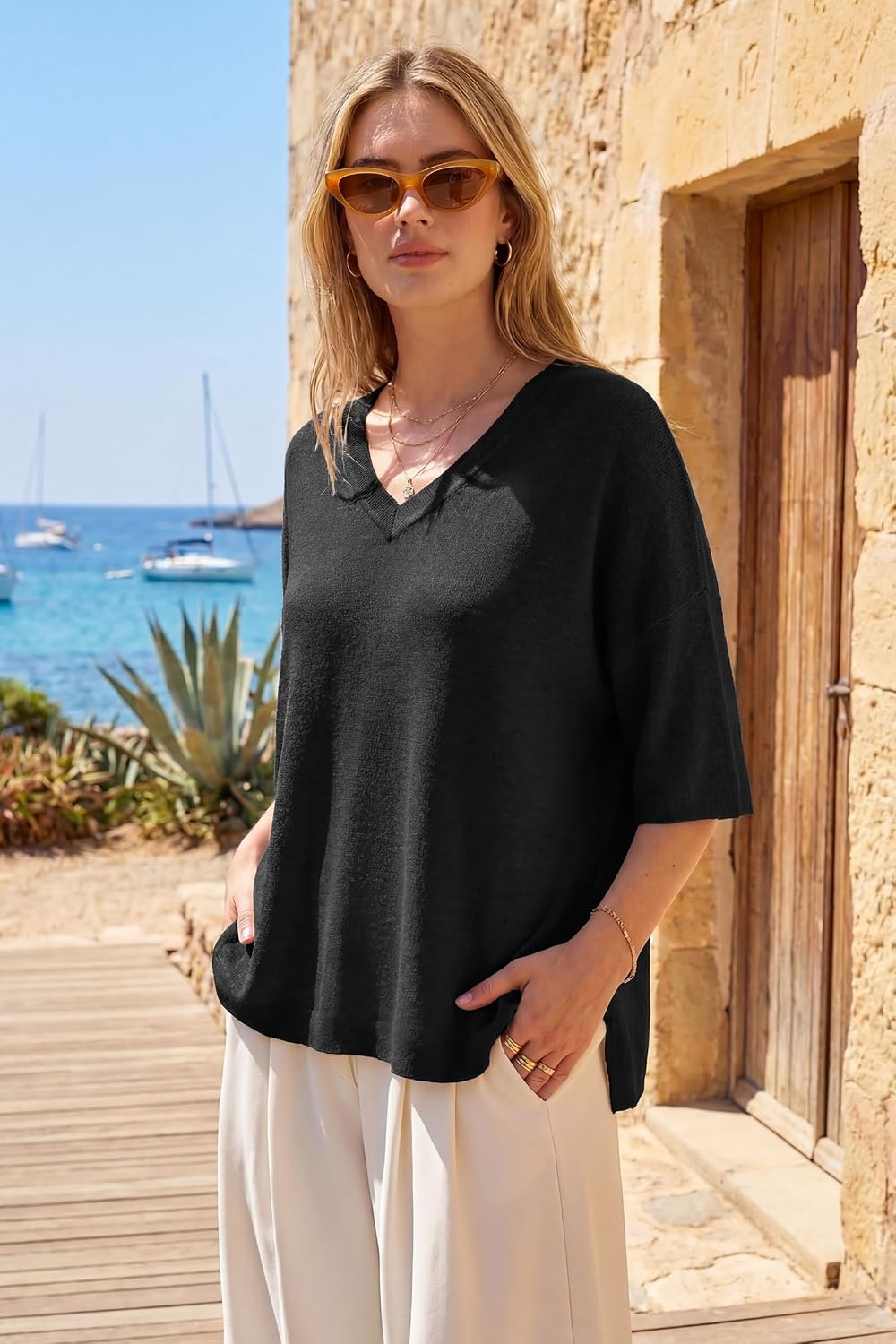 image:imageArachampCloz Womens Wool Blend Elbow Sleeve Summer Oversized Casual Sweater Versatile Fall Layering Soft AntipillingBlack