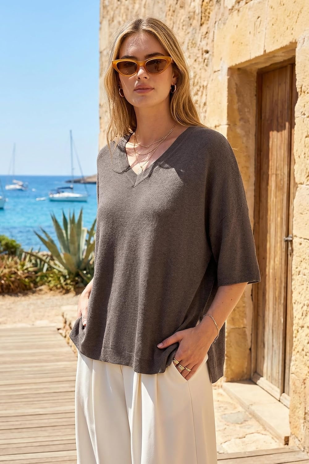 image:imageArachampCloz Womens Wool Blend Elbow Sleeve Summer Oversized Casual Sweater Versatile Fall Layering Soft AntipillingCoffee