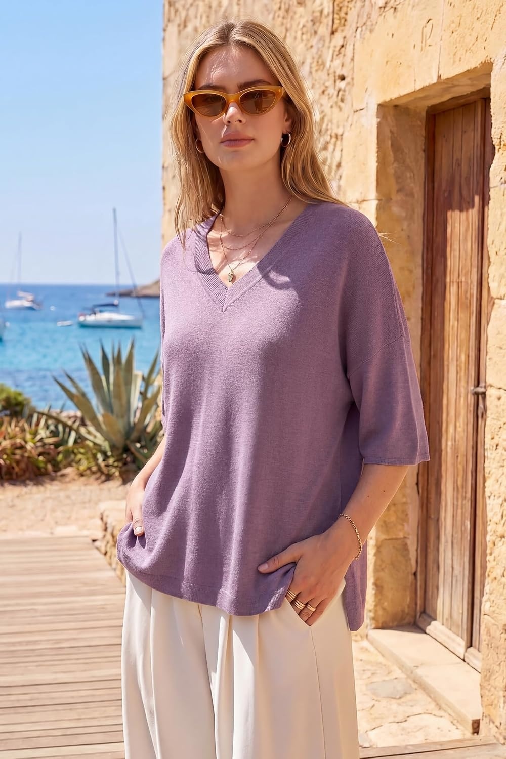 image:imageArachampCloz Womens Wool Blend Elbow Sleeve Summer Oversized Casual Sweater Versatile Fall Layering Soft AntipillingLavender