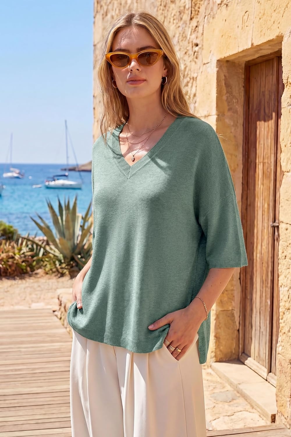 image:imageArachampCloz Womens Wool Blend Elbow Sleeve Summer Oversized Casual Sweater Versatile Fall Layering Soft AntipillingSage Green