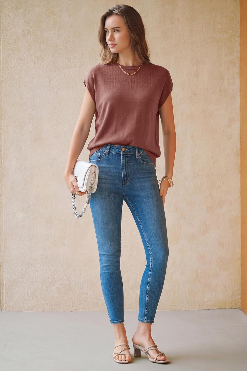 image:imageArachampCloz Womens Wool Blend Oversized Cap Sleeve Summer Casual Sweater Short Sleeve Sweater Stretchy amp Lightweight Capsule Wardrobe Teacher Outfits Business Casual Tops Solo amp Layer OutfitsDusty Red