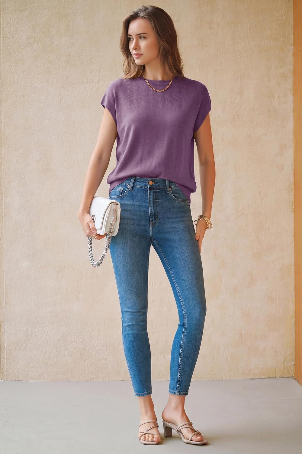 image:imageArachampCloz Womens Wool Blend Oversized Cap Sleeve Summer Casual Sweater Short Sleeve Sweater Stretchy amp Lightweight Capsule Wardrobe Teacher Outfits Business Casual Tops Solo amp Layer OutfitsPurple