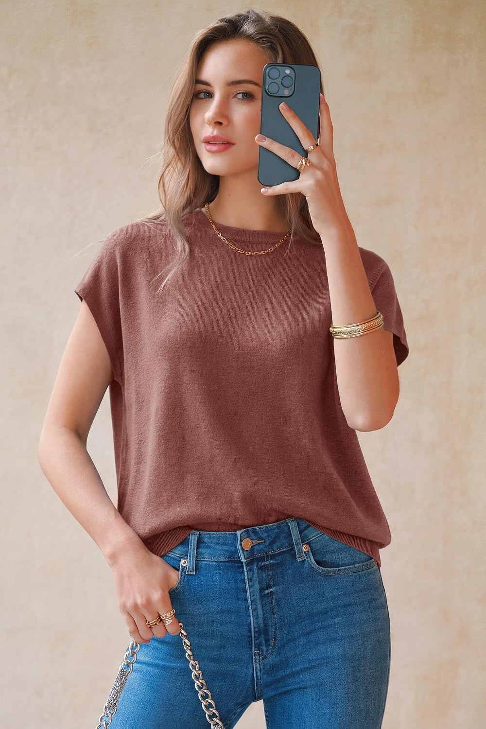 image:imageArachampCloz Womens Wool Blend Oversized Cap Sleeve Summer Casual Sweater Short Sleeve Sweater Stretchy amp Lightweight Capsule Wardrobe Teacher Outfits Business Casual Tops Solo amp Layer OutfitsDusty Red