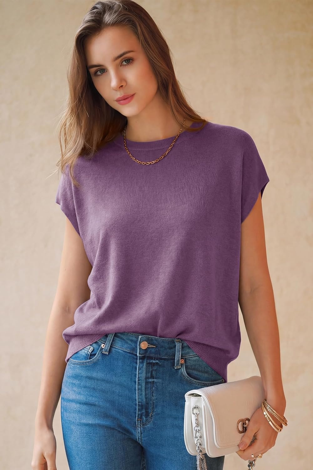 image:imageArachampCloz Womens Wool Blend Oversized Cap Sleeve Summer Casual Sweater Short Sleeve Sweater Stretchy amp Lightweight Capsule Wardrobe Teacher Outfits Business Casual Tops Solo amp Layer OutfitsPurple