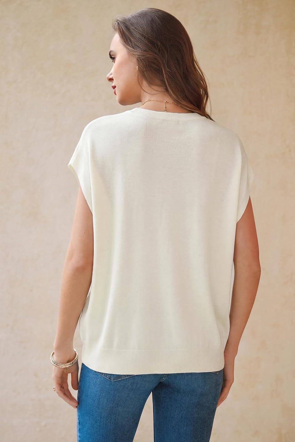 image:imageArachampCloz Womens Wool Blend Oversized Cap Sleeve Summer Casual Sweater Short Sleeve Sweater Stretchy amp Lightweight Capsule Wardrobe Teacher Outfits Business Casual Tops Solo amp Layer OutfitsOffwhite
