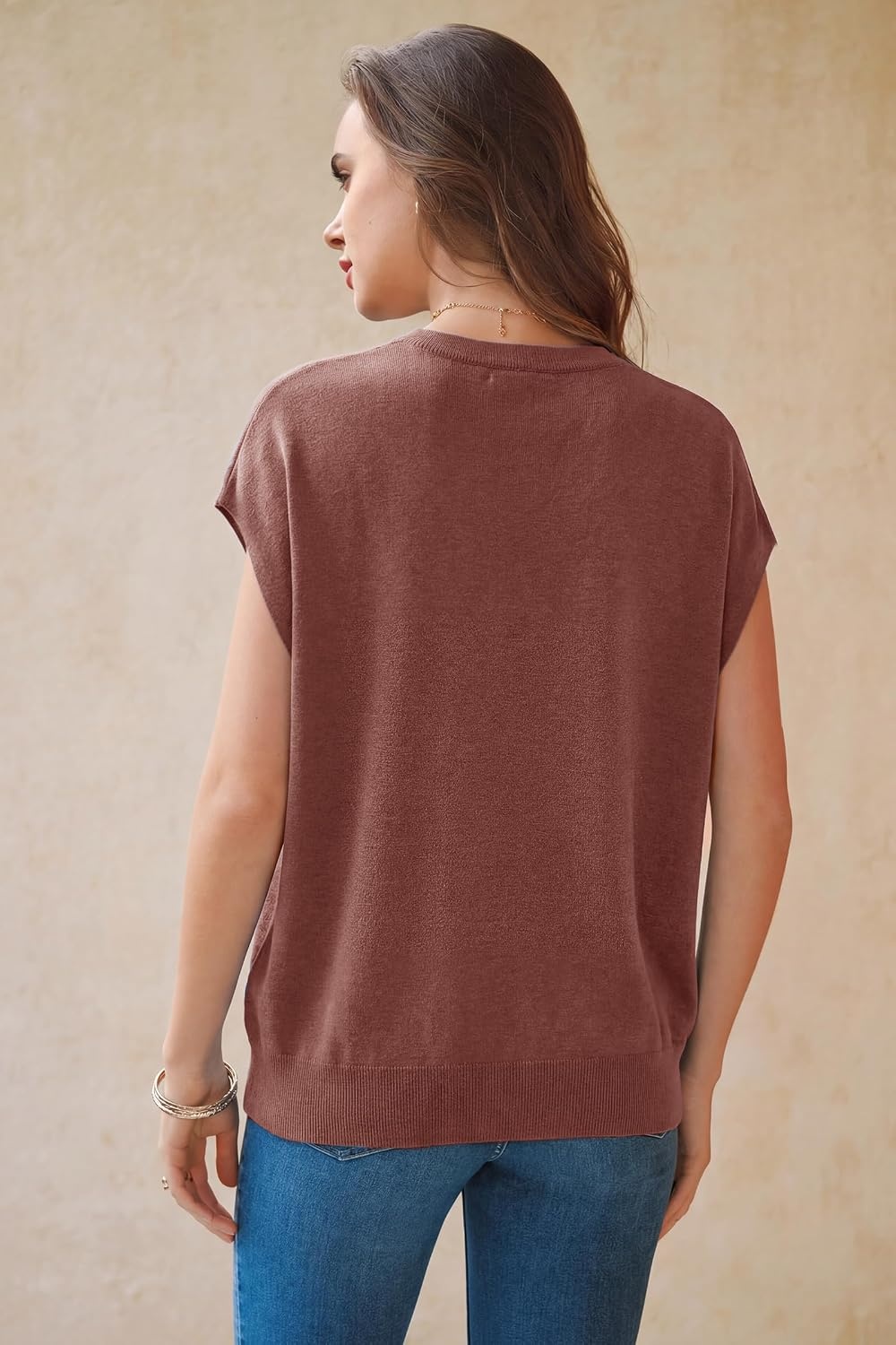 image:imageArachampCloz Womens Wool Blend Oversized Cap Sleeve Summer Casual Sweater Short Sleeve Sweater Stretchy amp Lightweight Capsule Wardrobe Teacher Outfits Business Casual Tops Solo amp Layer OutfitsDusty Red