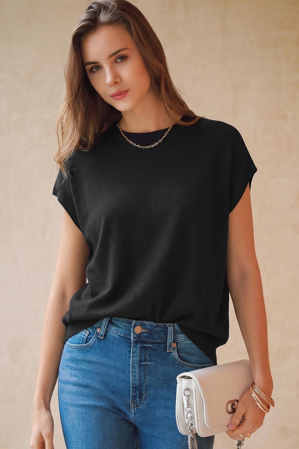 image:imageArachampCloz Womens Wool Blend Oversized Cap Sleeve Summer Casual Sweater Short Sleeve Sweater Stretchy amp Lightweight Capsule Wardrobe Teacher Outfits Business Casual Tops Solo amp Layer OutfitsBlack
