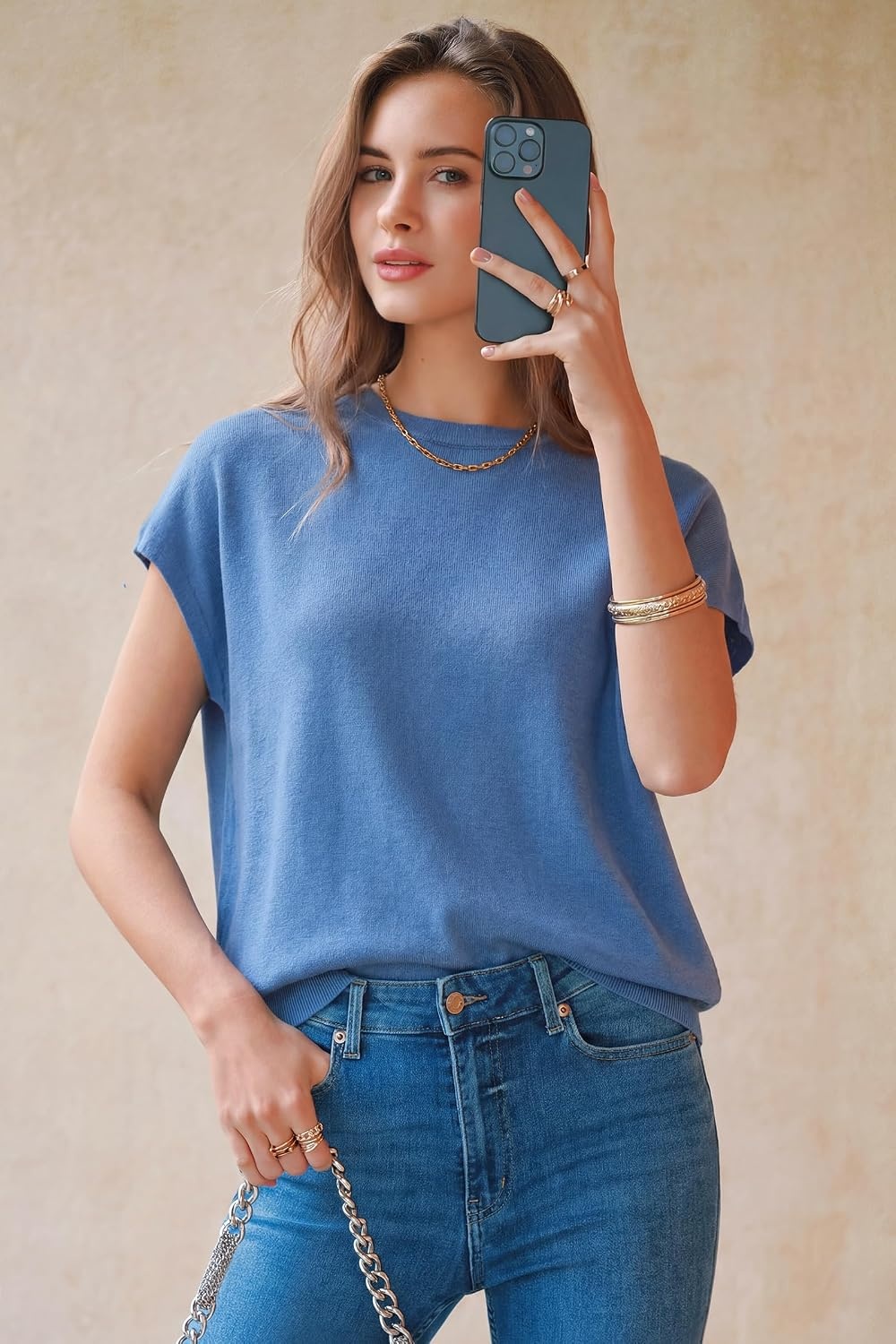 image:imageArachampCloz Womens Wool Blend Oversized Cap Sleeve Summer Casual Sweater Short Sleeve Sweater Stretchy amp Lightweight Capsule Wardrobe Teacher Outfits Business Casual Tops Solo amp Layer OutfitsLake Blue